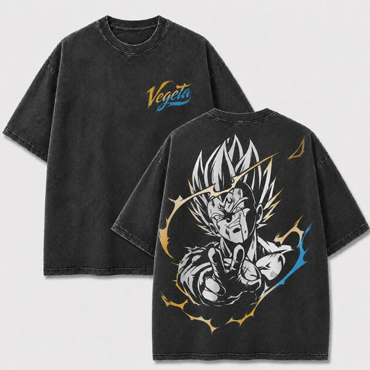 Majin Vegeta black washed oversized T-shirt with front chest logo and back anime graphic