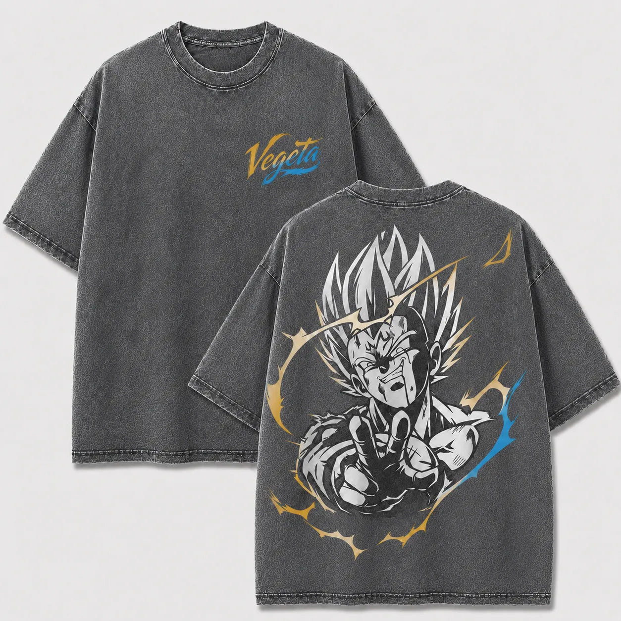 Majin Vegeta gray washed oversized T-shirt with manga-style back graphic