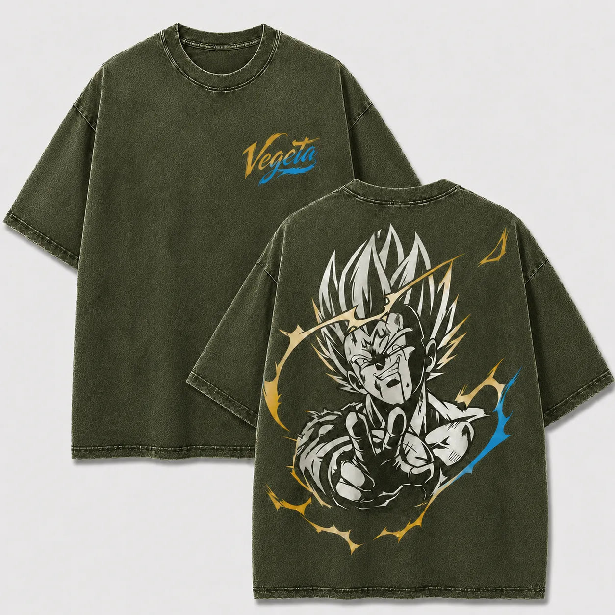 Majin Vegeta khaki washed oversized T-shirt with front and back anime graphics