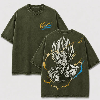 Majin Vegeta khaki washed oversized T-shirt with front and back anime graphics