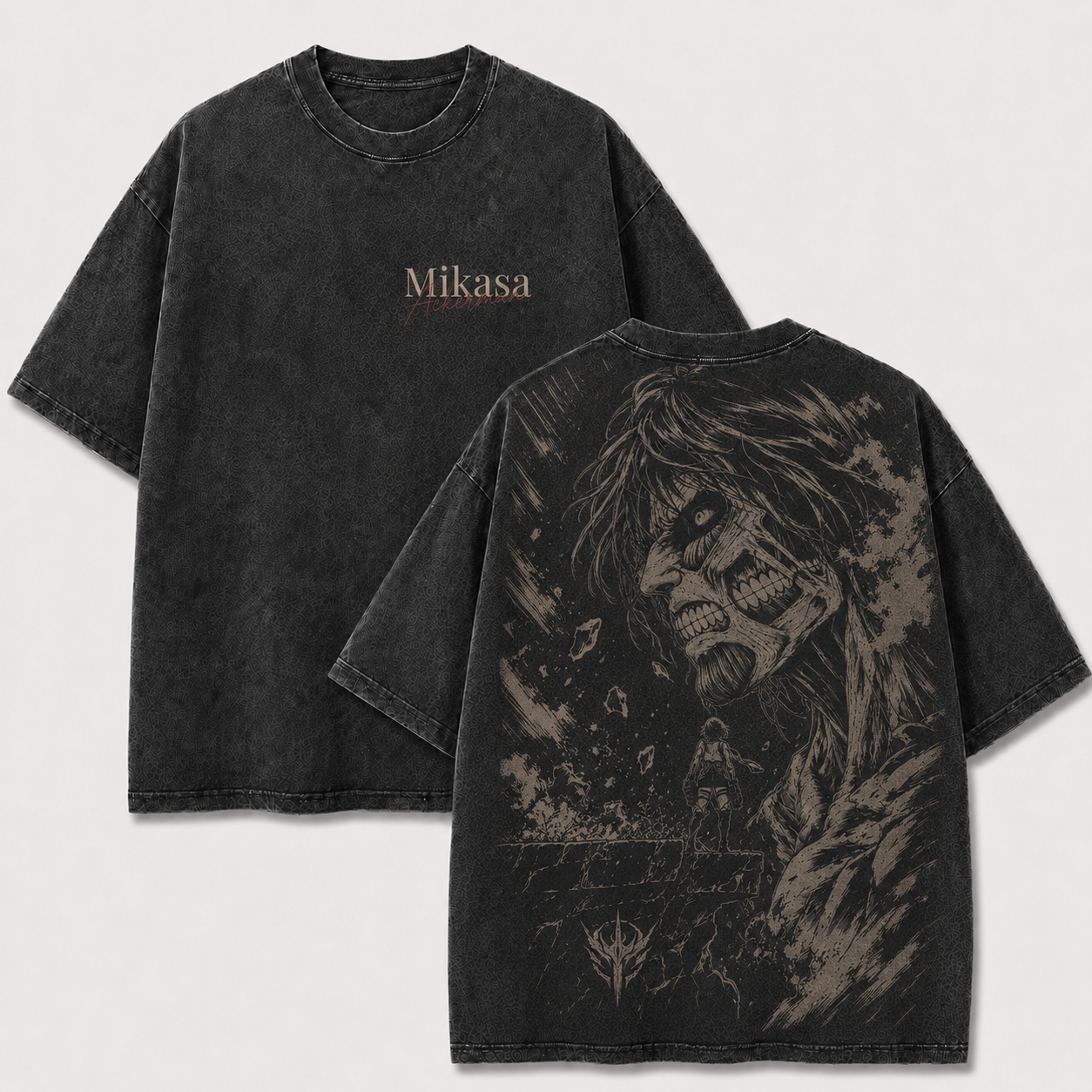 Black Mikasa x Eren vintage washed shirt with distressed Attack on Titan manga design