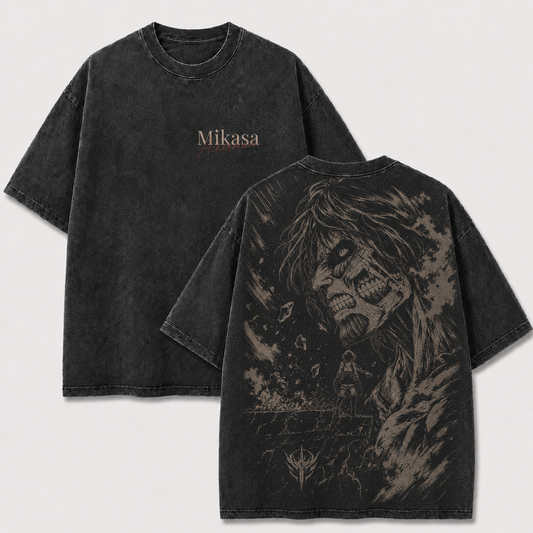 Black Mikasa x Eren vintage washed shirt with distressed Attack on Titan manga design