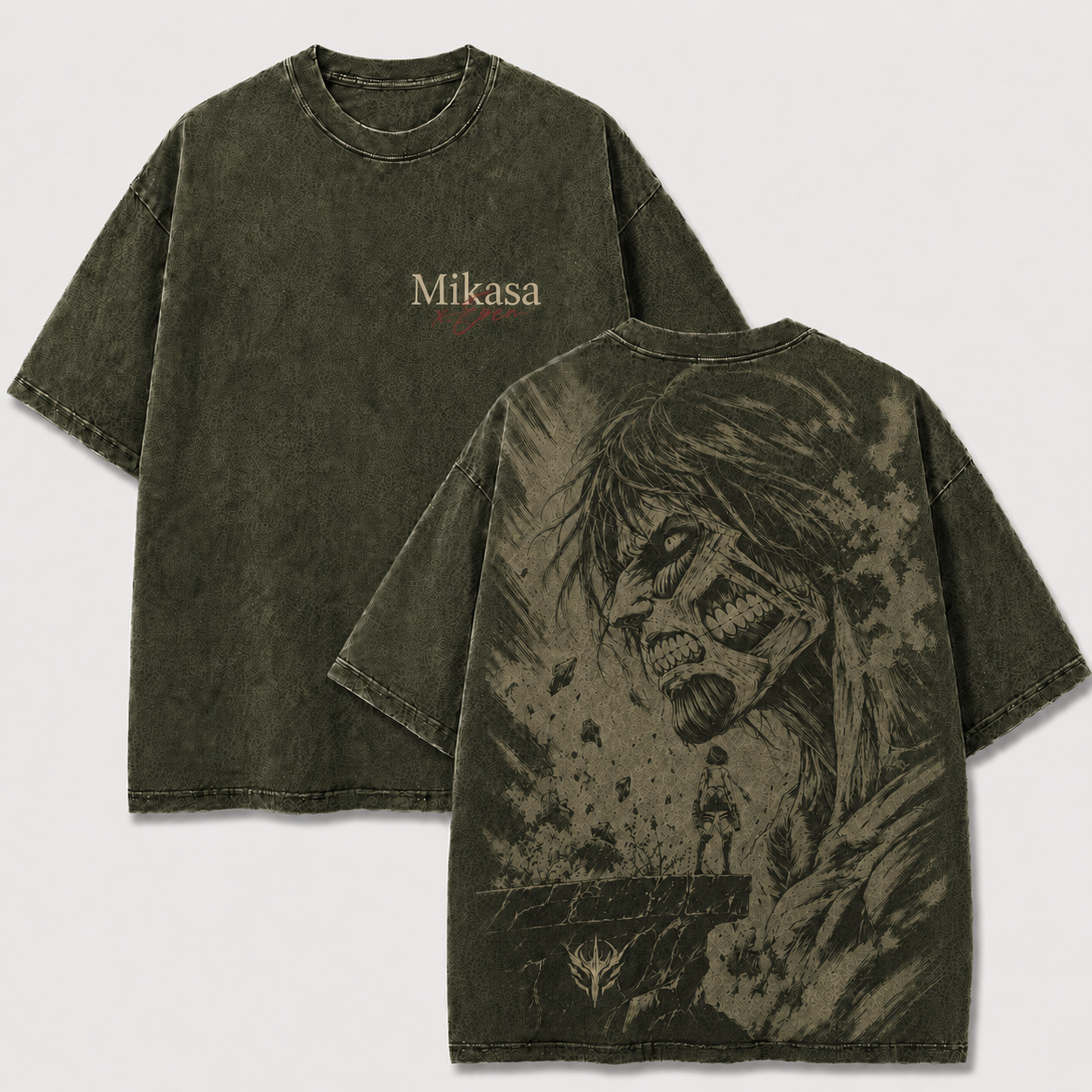 Khaki Mikasa x Eren oversized manga shirt with dramatic Eren Attack Titan back artwork