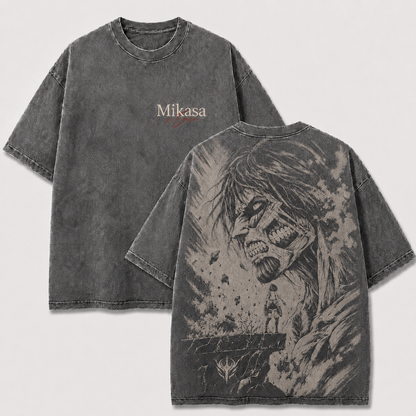 Washed gray Mikasa x Eren Attack on Titan shirt with oversized Attack Titan manga back print