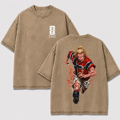 Norway No. 9 Viking striker apricot washed oversized T-shirt with front and back soccer graphics