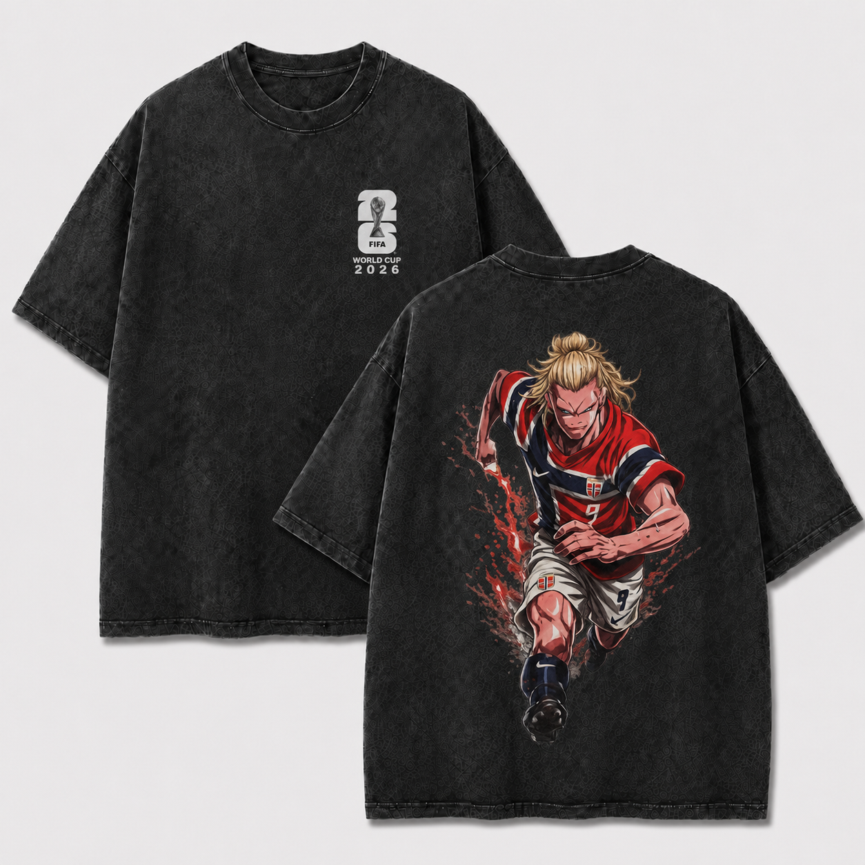 Norway No. 9 Viking striker black washed oversized T-shirt with front 2026 emblem and football back print