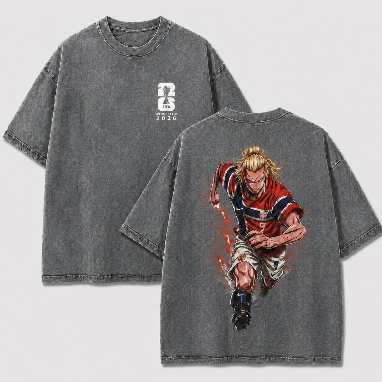 Norway No. 9 Viking striker gray washed oversized T-shirt with anime football artwork