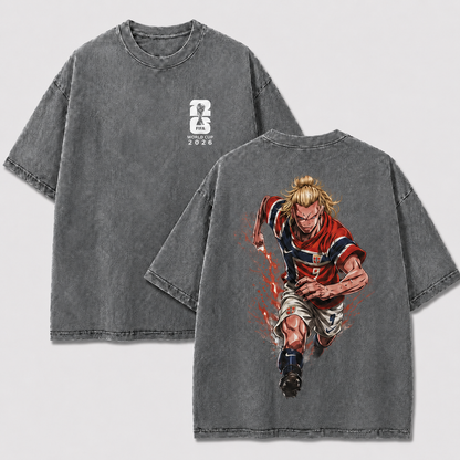 Norway No. 9 Viking striker gray washed oversized T-shirt with anime football artwork