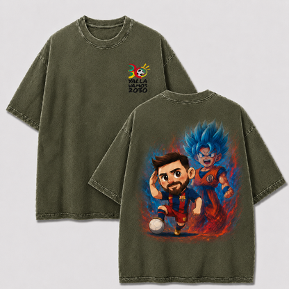 Khaki Number 10 soccer anime shirt with chibi football hero and blue-haired fighter