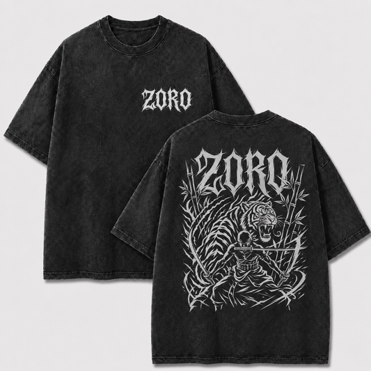Black Roronoa Zoro tiger washed tee with Three Sword Style front and back anime graphics