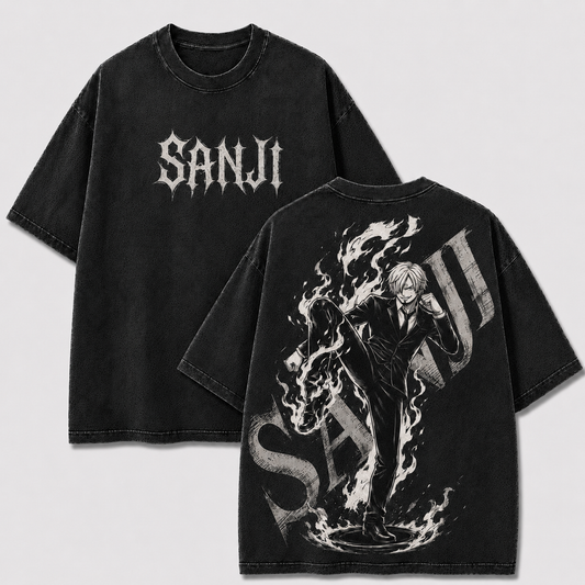 Black Sanji Diable Jambe washed tee with gothic front lettering and flame kick manga back graphic