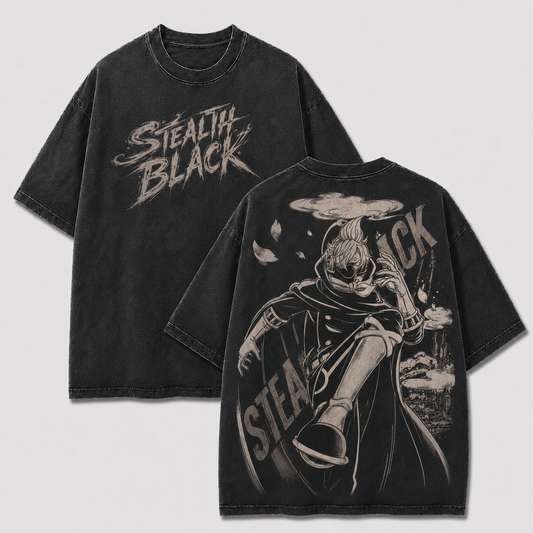 Black Sanji Stealth Black washed tee with distressed front text and masked raid suit back graphic