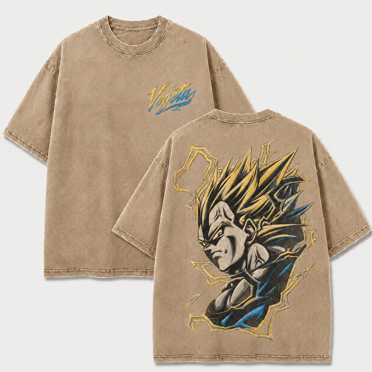 Super Saiyan Vegeta apricot washed oversized T-shirt with front chest logo and back anime graphic
