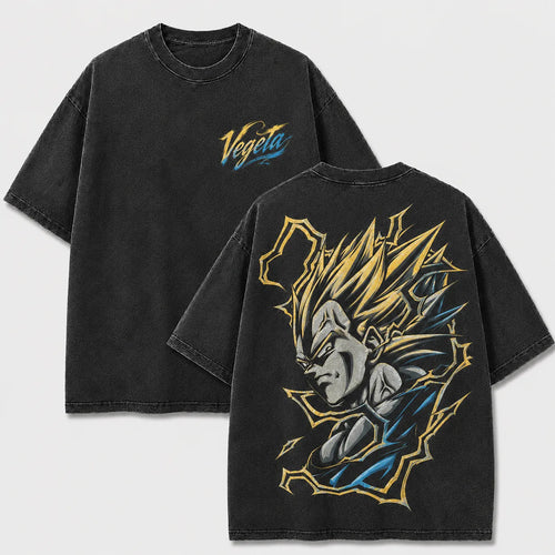 Super Saiyan Vegeta black washed oversized T-shirt with chest logo and large back graphic