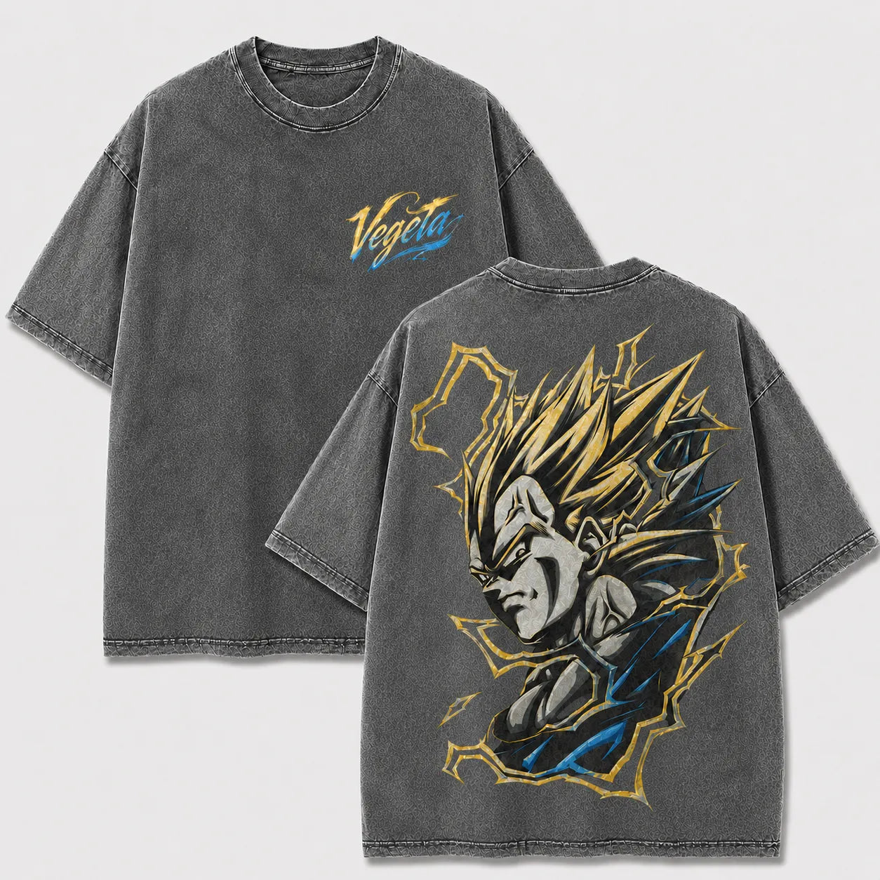 Super Saiyan Vegeta gray washed oversized T-shirt with front and back anime graphics