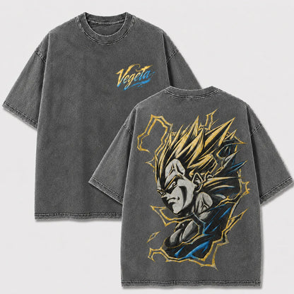Super Saiyan Vegeta gray washed oversized T-shirt with front and back anime graphics
