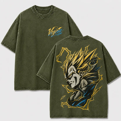 Super Saiyan Vegeta khaki washed oversized T-shirt with front logo and back anime artwork