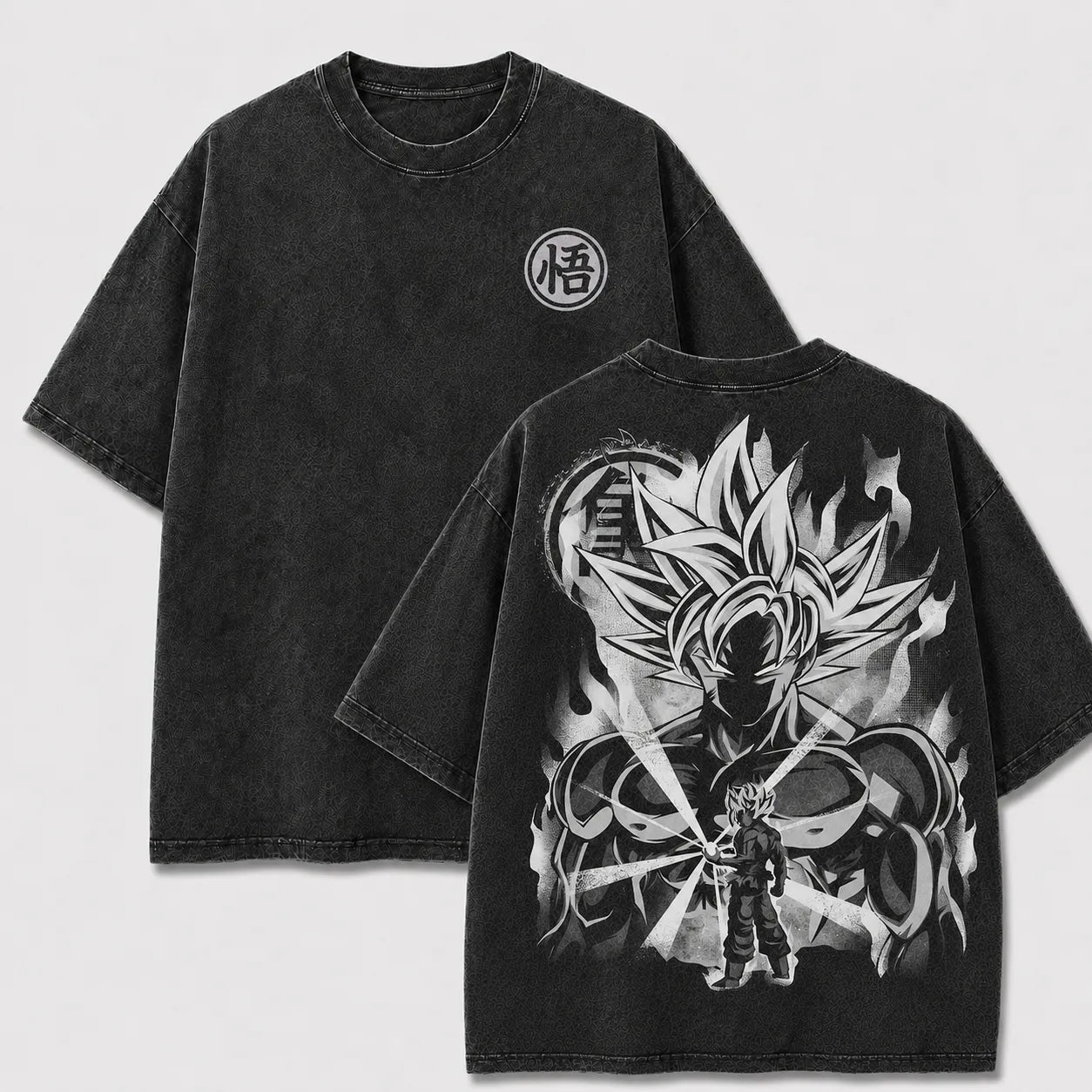 Ultra Instinct Goku black washed oversized T-shirt with front kanji emblem and large back artwork