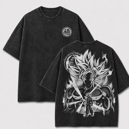 Ultra Instinct Goku black washed oversized T-shirt with front kanji emblem and large back artwork