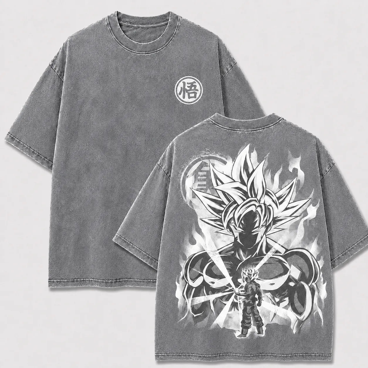Ultra Instinct Goku gray washed oversized T-shirt with kanji chest emblem and manga back graphic