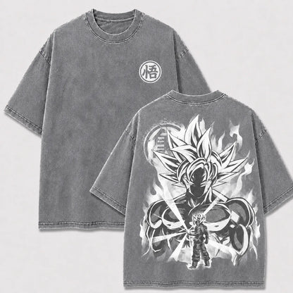 Ultra Instinct Goku gray washed oversized T-shirt with kanji chest emblem and manga back graphic