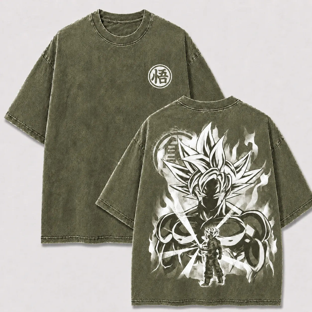 Ultra Instinct Goku khaki washed oversized T-shirt with kanji chest logo and energy back print