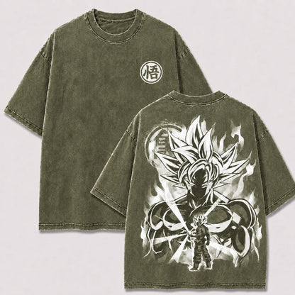 Ultra Instinct Goku khaki washed oversized T-shirt with kanji chest logo and energy back print